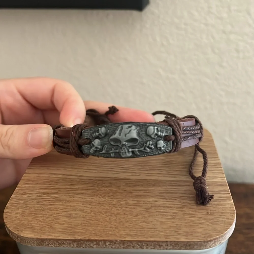 Leather Skull and Rose Bracelet